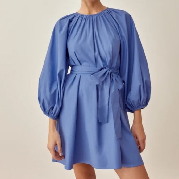 Reformation Dresses & Skirts - Reformation Blue Dusk Puff Long Sleeve Organic Cotton Belted Waist Rennae Dress